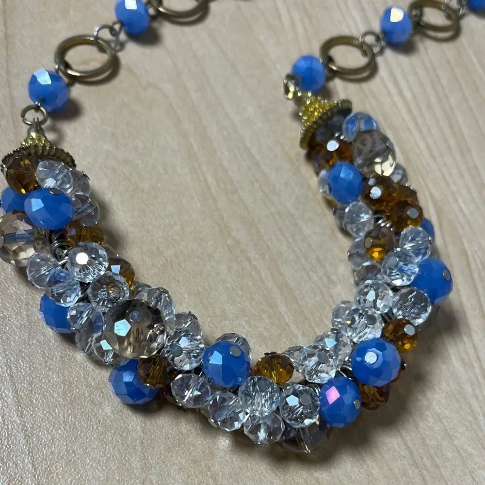 Vintage Women Elegant Blue and Gold Beaded Necklace